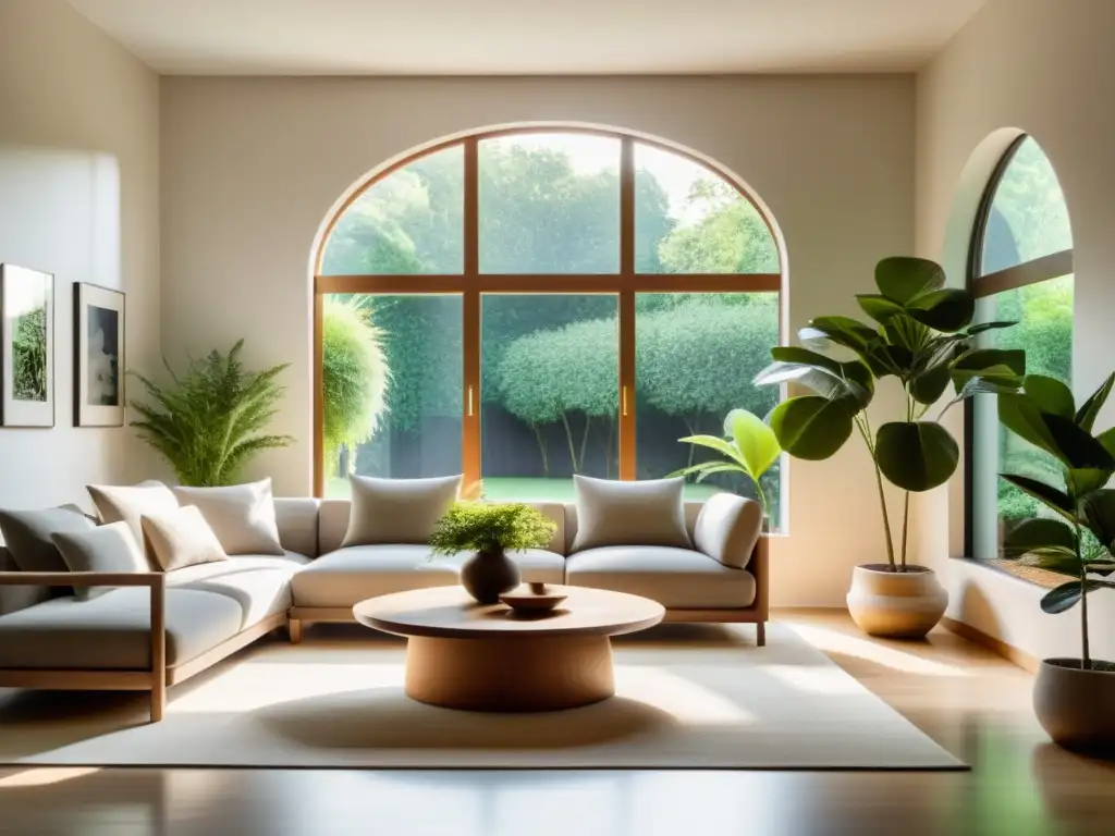 Decoración de sala minimalista con plantas de interior en armonía con el Feng Shui