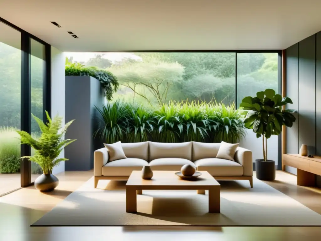 Una sala minimalista con plantas de temporada dispuestas según los principios del Feng Shui, creando armonía y tranquilidad