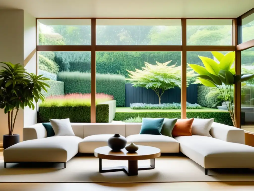 Una sala minimalista con plantas de temporada, decoración Feng Shui y vista al jardín exuberante