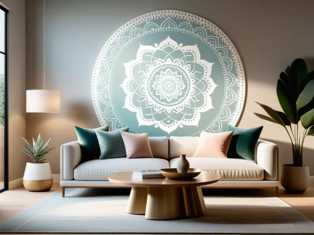 Decoración hogar con mandala Feng Shui en sala minimalista serena con colores pastel y muebles modernos