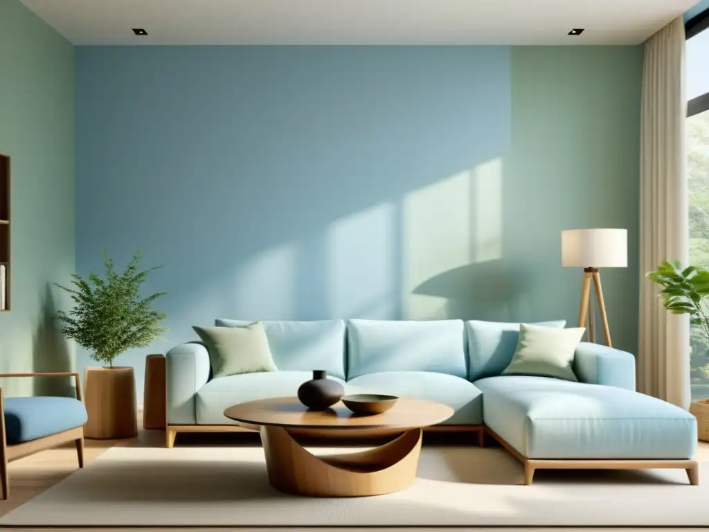 Una sala de estar minimalista y serena con colores feng shui, evocando equilibrio y paz