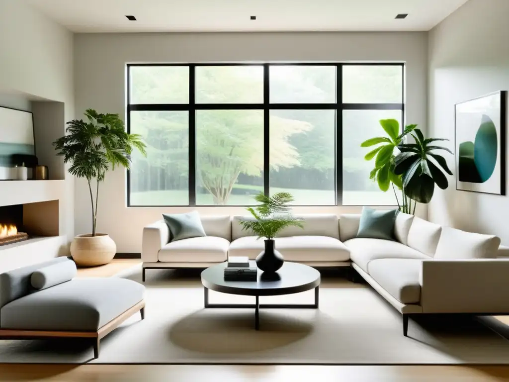 Una sala minimalista y serena, con elementos de Feng Shui y una organización impecable