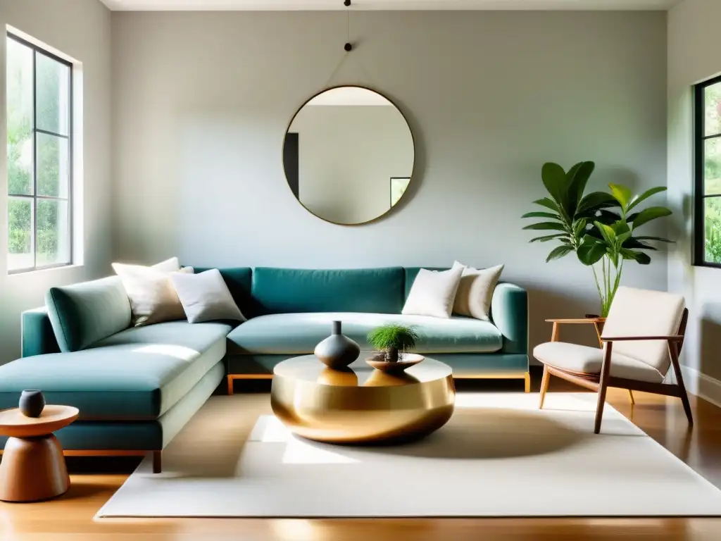 Una sala minimalista y serena con influencia del Feng Shui, que invita a la transformación personal a través del diseño intencional