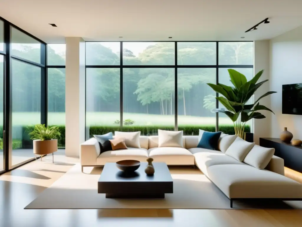 Una sala minimalista y serena con iluminación inteligente para Feng Shui, decorada en tonos neutros y plantas estratégicamente ubicadas