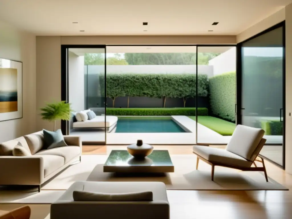 Una sala minimalista y serena con luz natural, muebles sencillos y tonos tierra