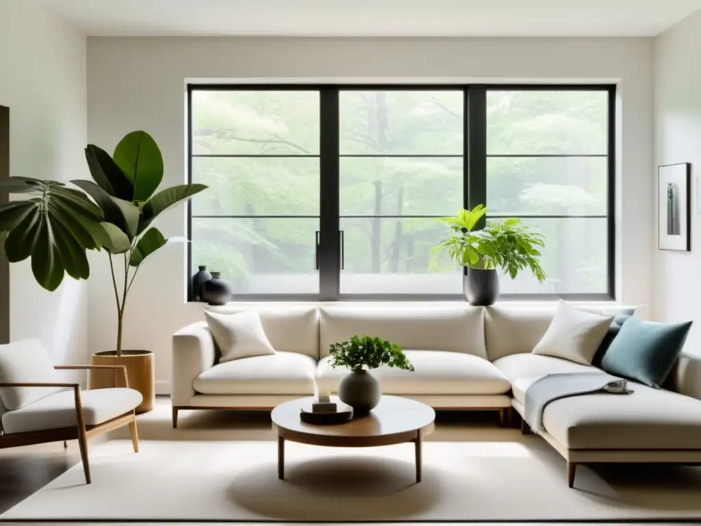 Armonía y serenidad: sala minimalista con feng shui Una sala minimalista y serena con luz natural, decoración cuidadosa y toques de Feng Shui