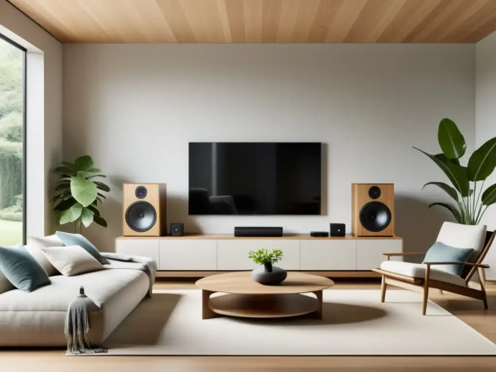 Una sala minimalista y serena integrando sistemas de audio Feng Shui, con iluminación natural suave y muebles equilibrados