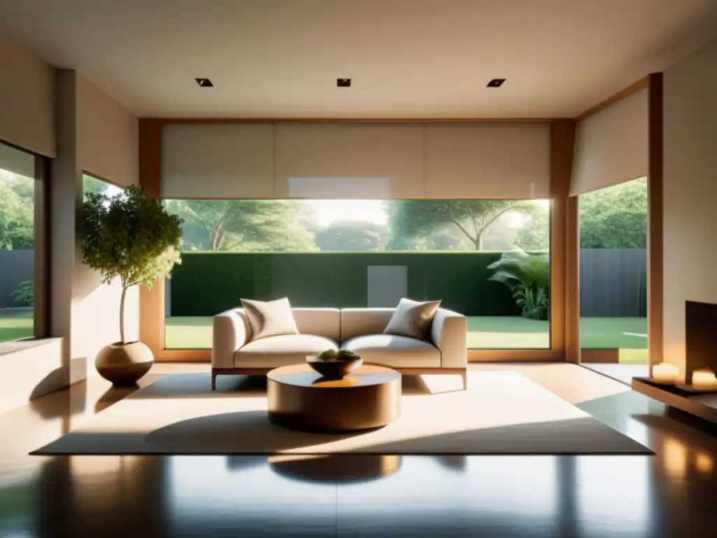 Serenidad en el salón: minimalismo y luz natural para un espacio tranquilo Una sala minimalista y serena con vista a un jardín tranquilo