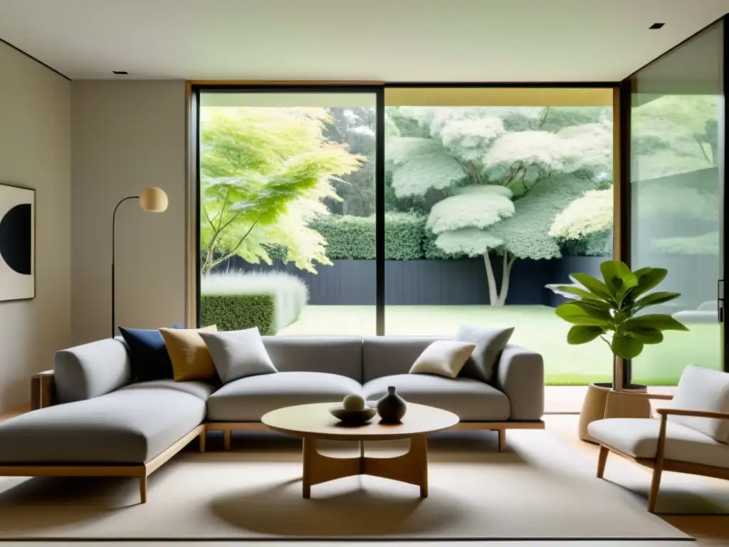 Decoración Feng Shui para el hogar: Sala de estar minimalista y serena con vista al jardín, muebles limpios y colores neutros