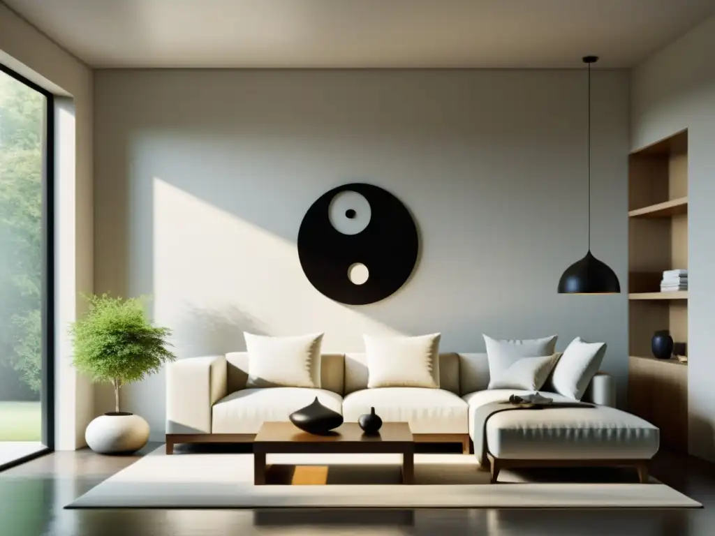 Una sala minimalista con el símbolo yin yang, equilibrando energías opuestas con Feng Shui en un ambiente sereno y armonioso