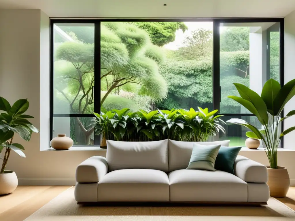 Sala minimalista con técnicas ancestrales Feng Shui hogar, ventana amplia y jardín exuberante