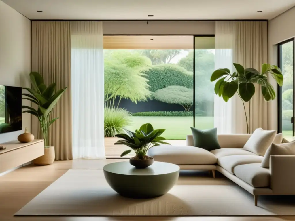 Una sala minimalista con técnicas de feng shui para limpieza energética, llena de serenidad y luz natural, adornada con plantas y colores neutros