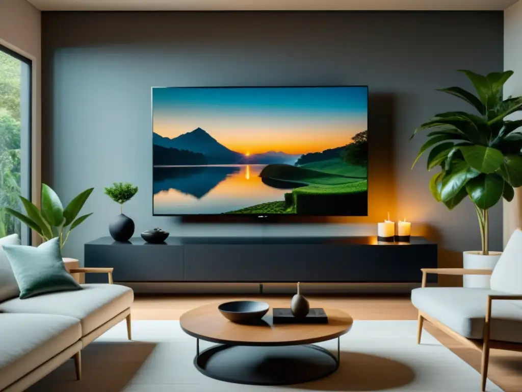 Una sala minimalista con ubicación ideal televisores Feng Shui, tranquila y equilibrada, con TV negro en la pared