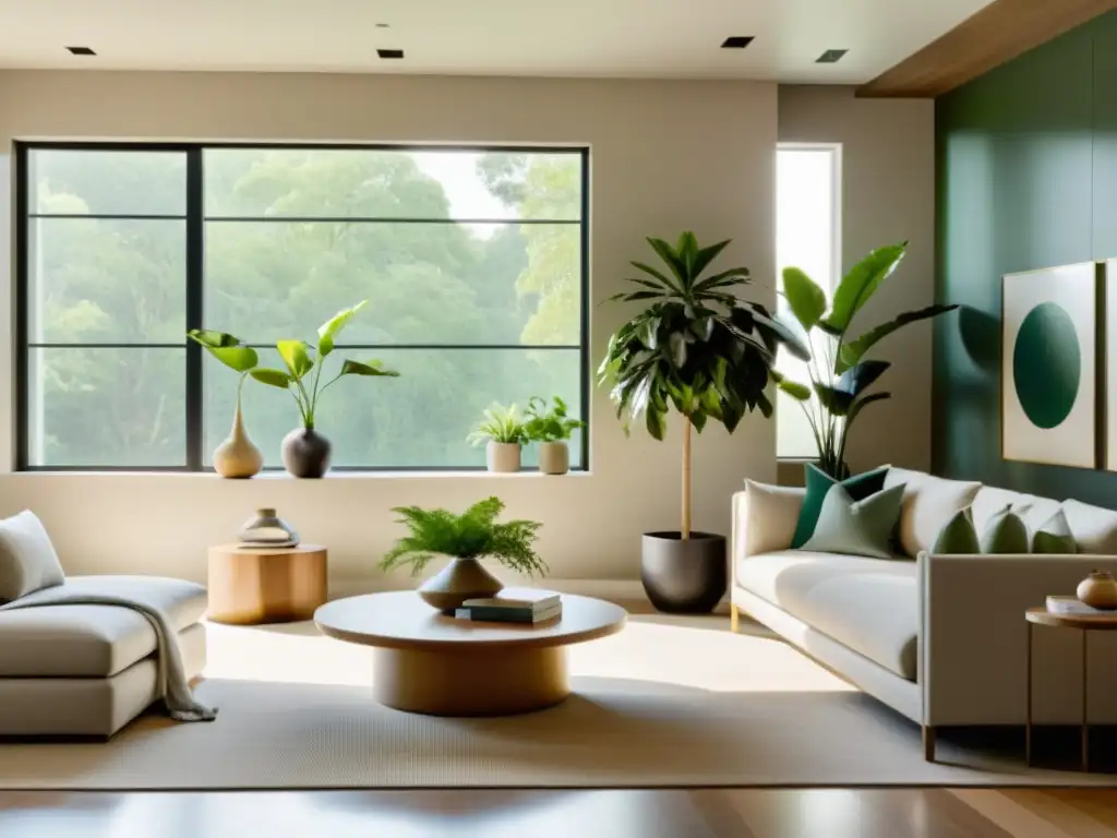 Una sala moderna y minimalista con influencia del WiFi en el Feng Shui, armoniosa y serena, con decoración equilibrada y luminosidad natural