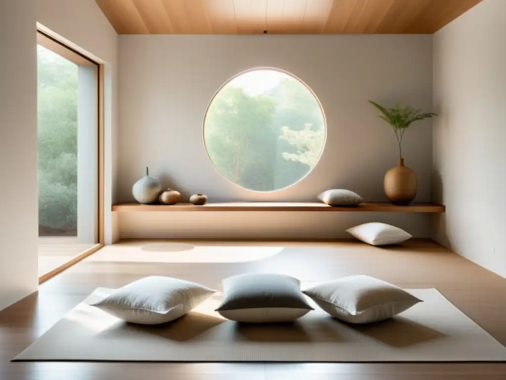 Una sala de meditación en pareja con luz natural y armonía, ideal para practicar el Feng Shui y meditación en pareja