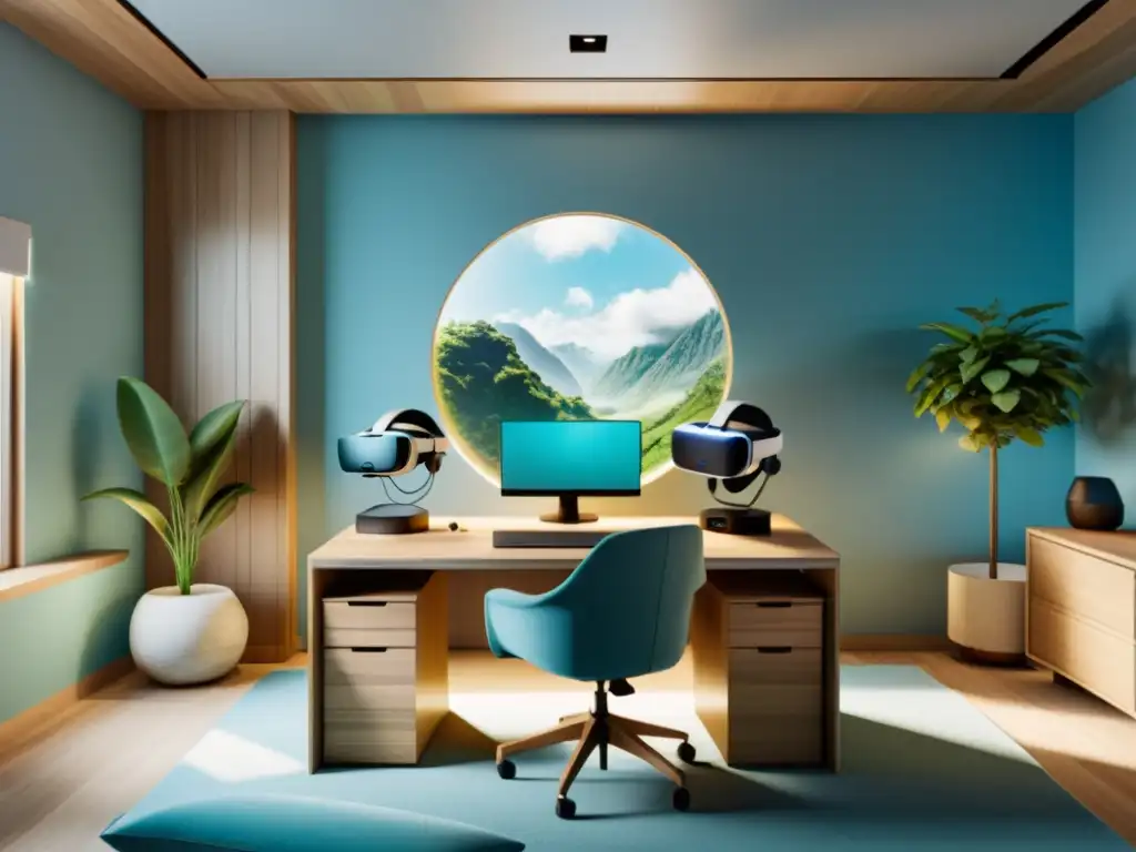 Una sala de realidad virtual minimalista diseñada con principios de Feng Shui, en tonos suaves de azules y verdes