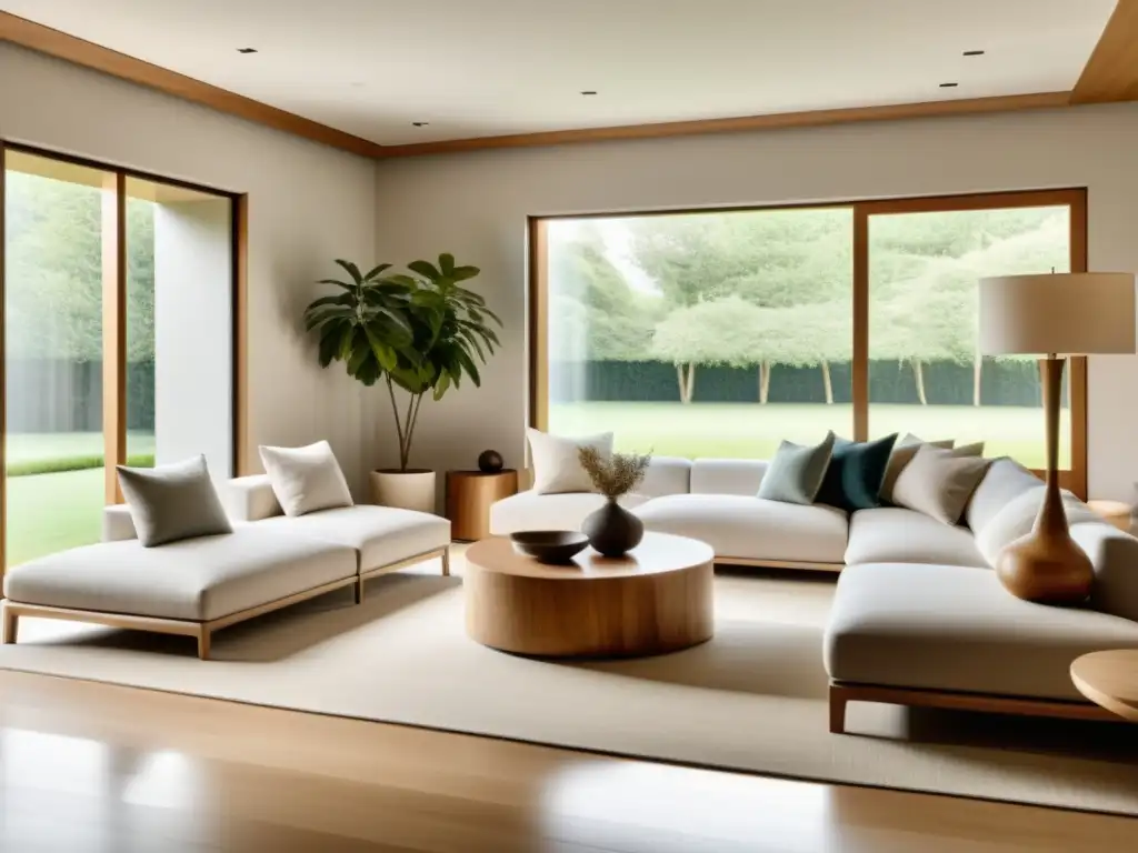 Transforma tu sala de estar con Feng Shui: Una sala serena y minimalista con muebles y decoración armoniosa según los principios del Feng Shui