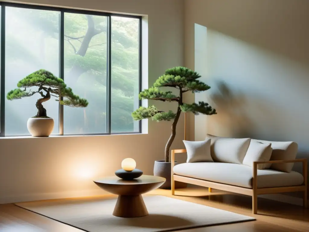 Una sala serena con iluminación adaptable Feng Shui y un ambiente equilibrado y armonioso