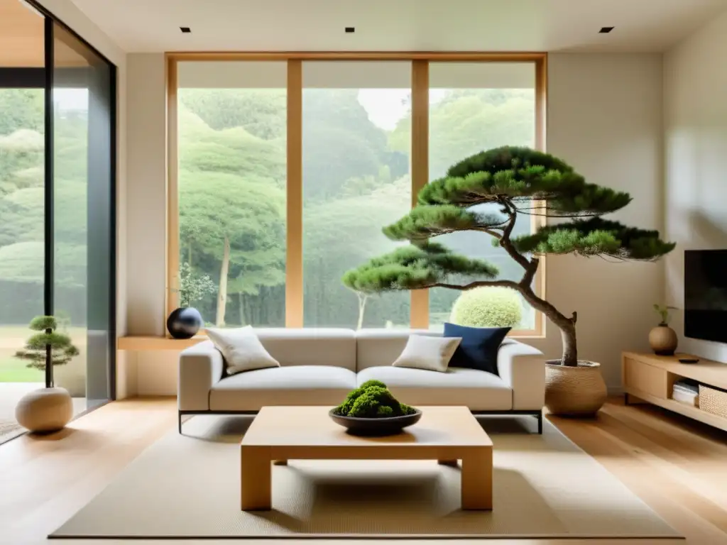 Una sala serena con colores y materiales para feng shui, con vista a un jardín pacífico a través de una gran ventana