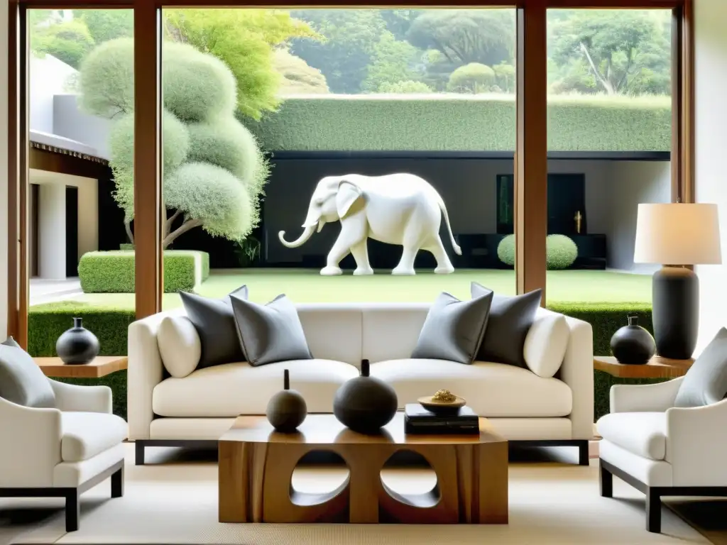 Una sala serena con diseño minimalista, esculturas elefante feng shui hogar, sofá blanco, cojines grises y mesa de madera