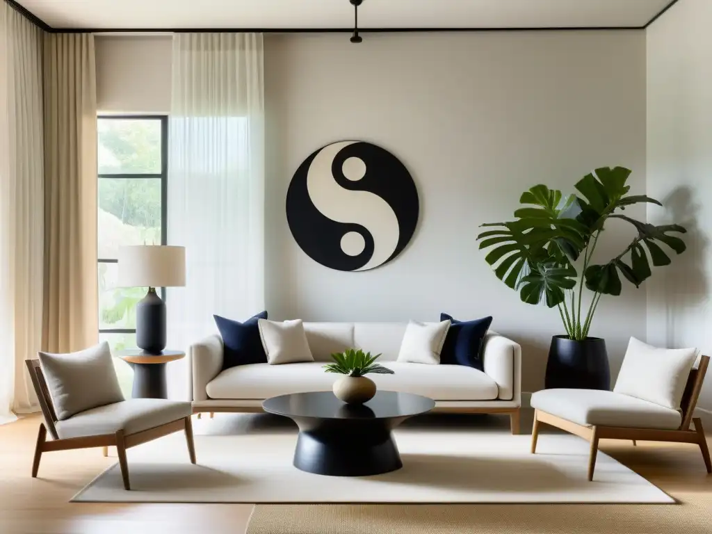 Una sala de estar serena y minimalista con una armoniosa combinación de elementos yin y yang, equilibrando la energía según el Feng Shui