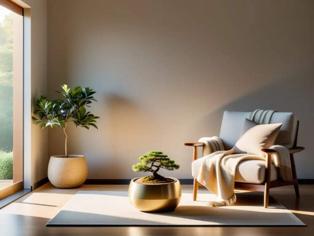 Una sala serena y minimalista con colores suaves y texturas naturales, invita a la relajación y paz interior con Feng Shui terapia ambiental colores