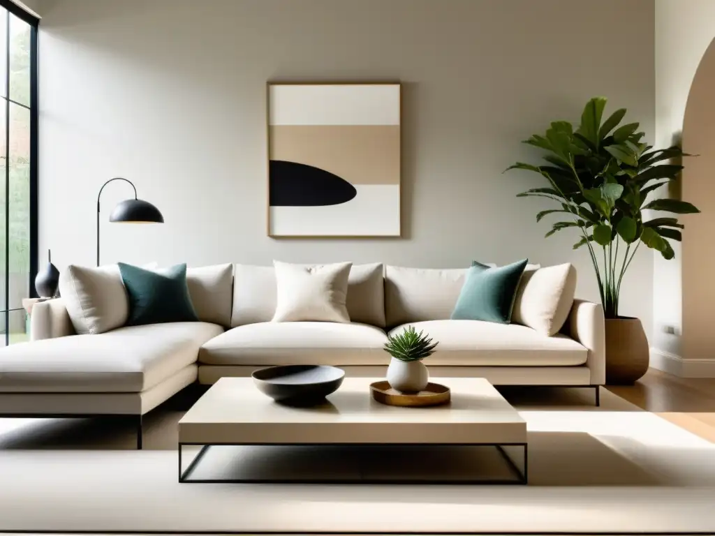 Diseño de interiores Feng Shui: Sala de estar serena y minimalista con colores neutros, muebles equilibrados y elementos naturales