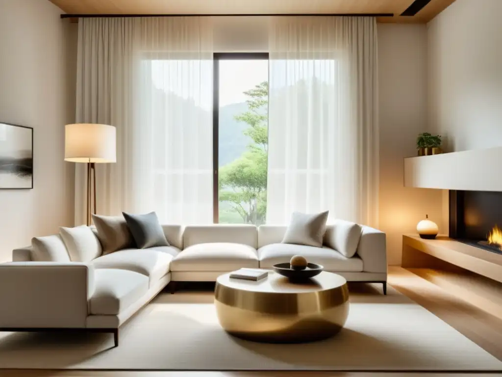 Una sala serena y minimalista con luz natural difusa y armoniosa, siguiendo los principios del Feng Shui para crear un espacio acogedor y equilibrado