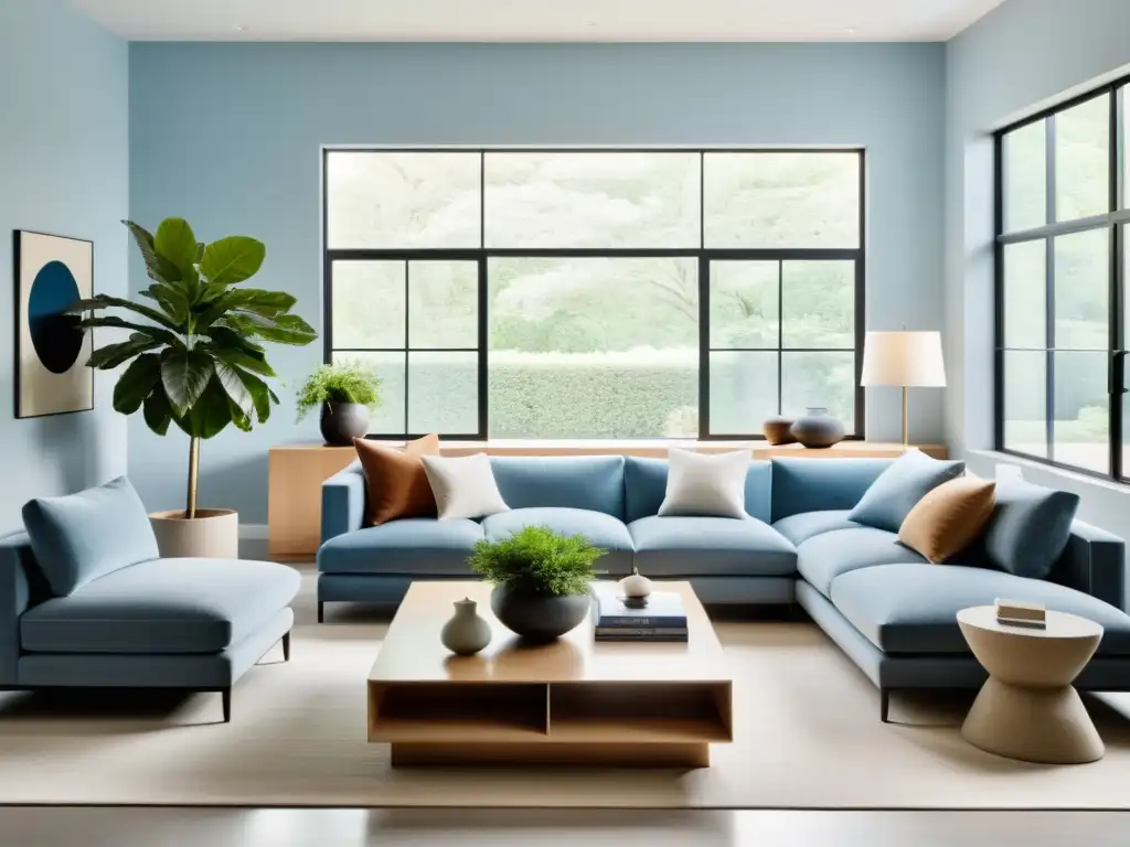 Ubicación muebles según Feng Shui: Sala de estar serena y minimalista con mobiliario simétrico, paleta de colores calmada y luz natural