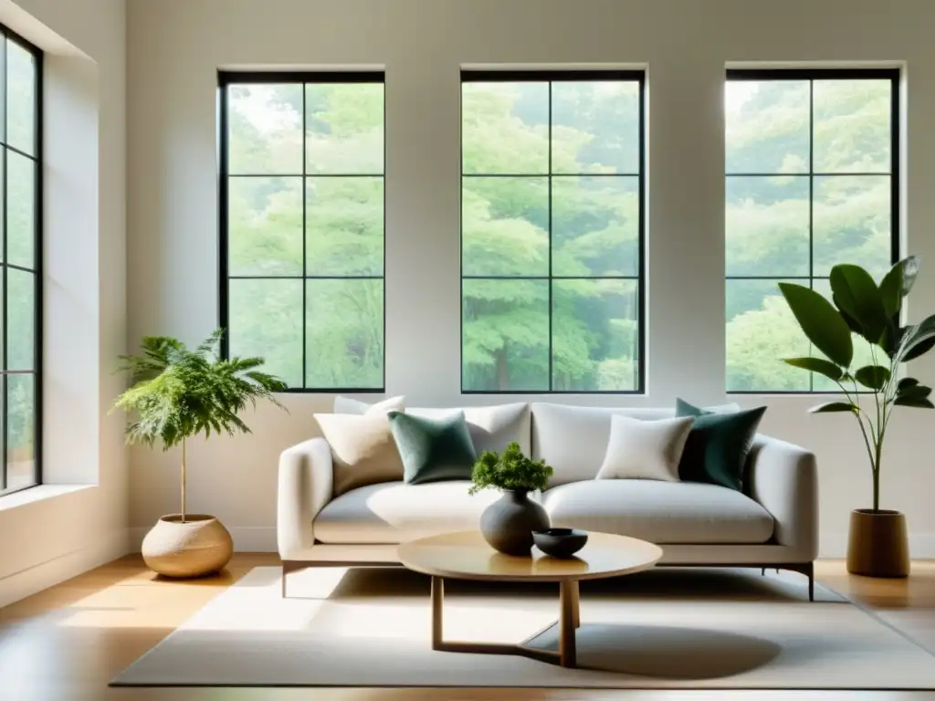 Una sala serena y minimalista con muebles modernos y toques de naturaleza, depurando hogar con Feng Shui