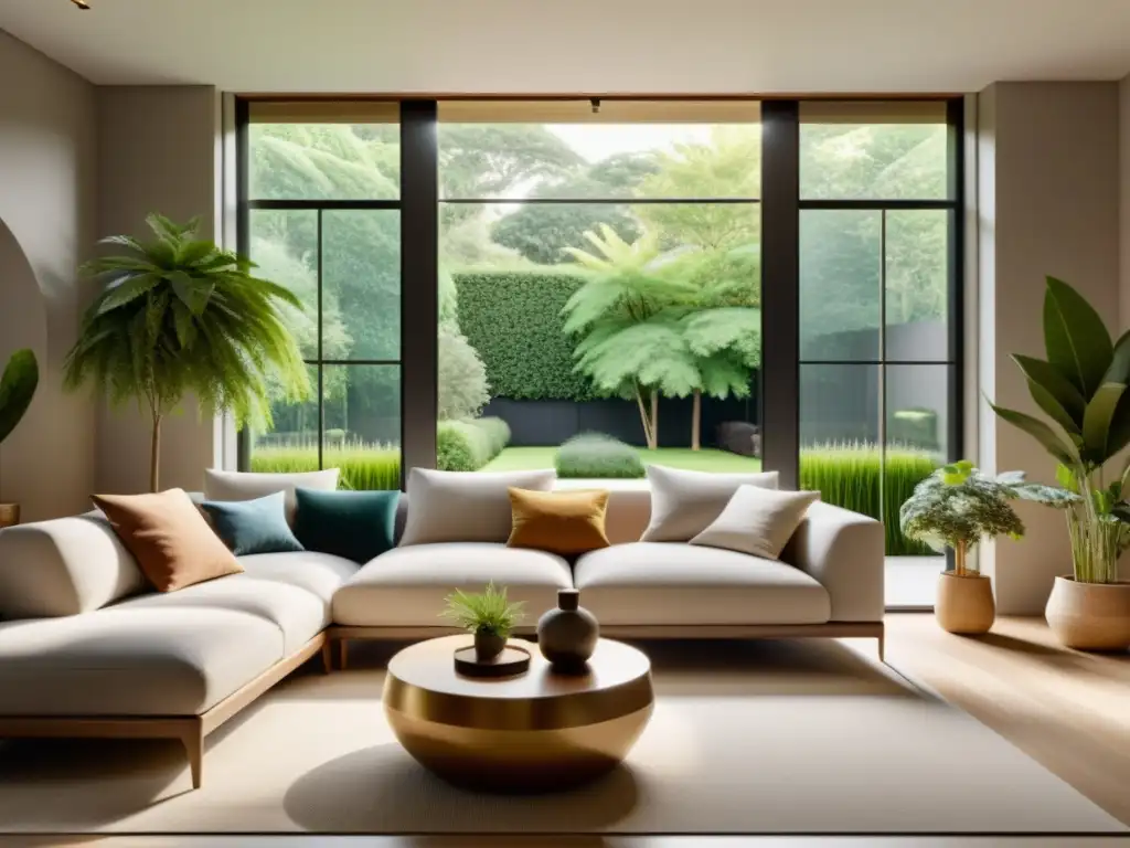 Una sala serena y minimalista siguiendo principios de Feng Shui, con vista a un jardín exuberante