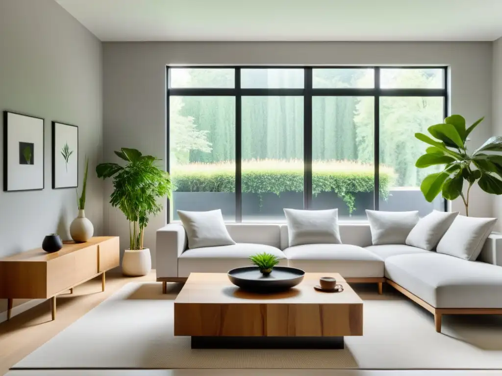 Una sala serena y minimalista con principios básicos del Feng Shui, iluminada por luz natural y decorada en tonos neutros