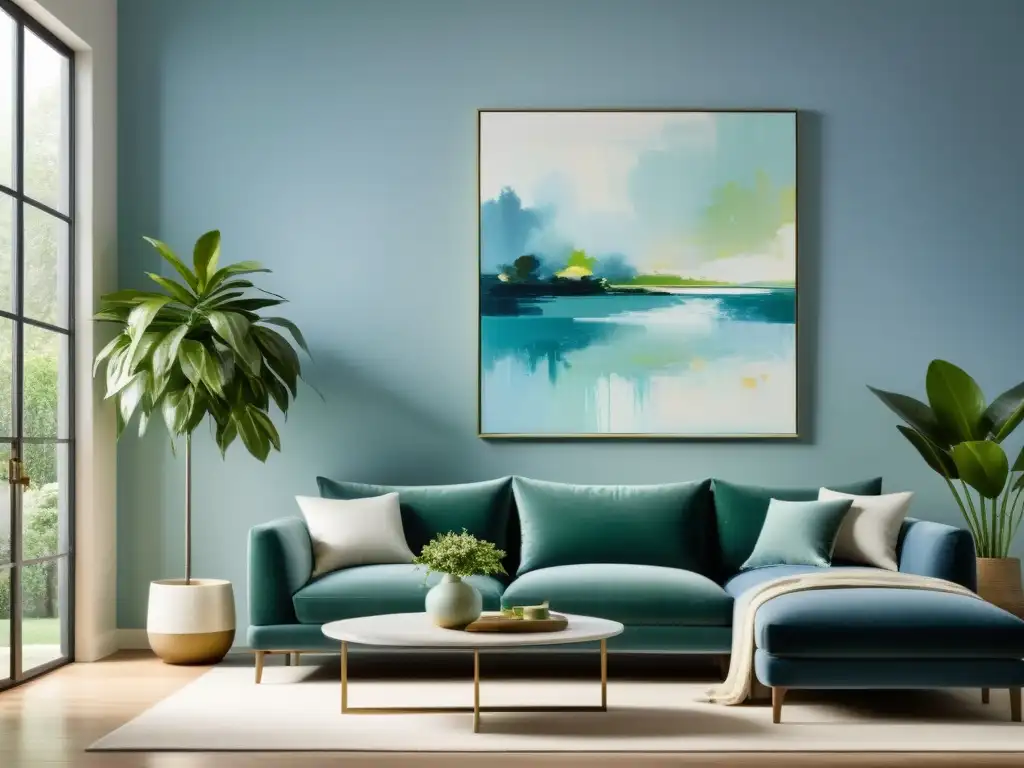 Una sala serena con muebles minimalistas y una pintura abstracta en tonos azules y verdes que evoca tranquilidad