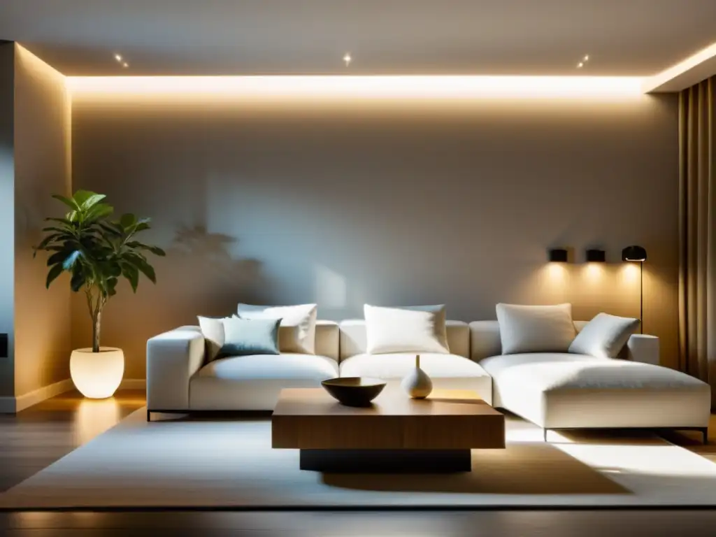 Una sala serena con iluminación LED suave, diseño minimalista y decoración según principios Feng Shui