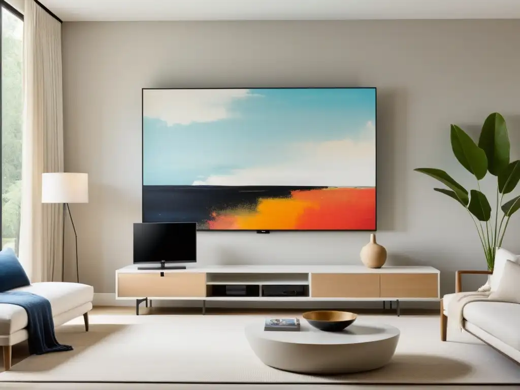 Una sala serena con ubicación ideal televisores Feng Shui, luz natural y decoración minimalista