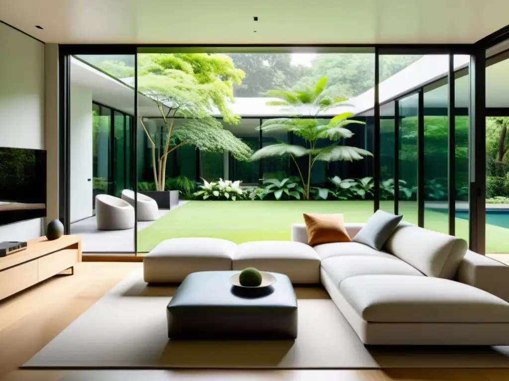 Una sala tranquila con transiciones armoniosas interior-exterior y diseño minimalista, iluminación suave y elementos feng shui