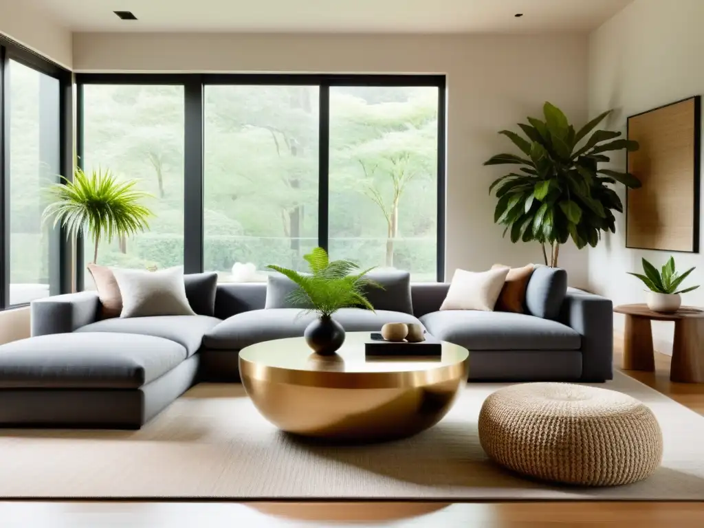 Salón acogedor con elementos de Feng Shui en decoración, tonos terrosos y texturas naturales, creando un ambiente de tranquilidad y equilibrio