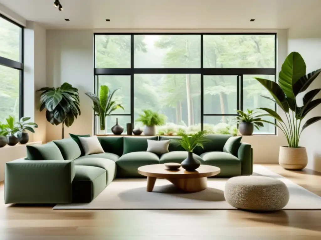 Salón amplio y luminoso con plantas en armonía, muebles minimalistas y flujo de energía Feng Shui