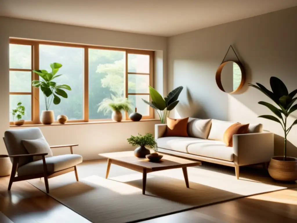 Salón ecológico con Feng Shui: armonía, luz natural y serenidad con muebles de madera y plantas en un espacio despejado