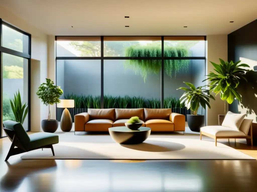 Un salón armonioso según el Feng Shui, con luz natural, plantas estratégicas y la palabra clave 'Activando zona riqueza hogar Feng Shui'