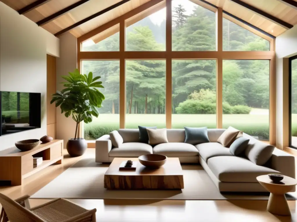 Salón armonioso con materiales naturales y acabados, equilibrio y tranquilidad al estilo feng shui