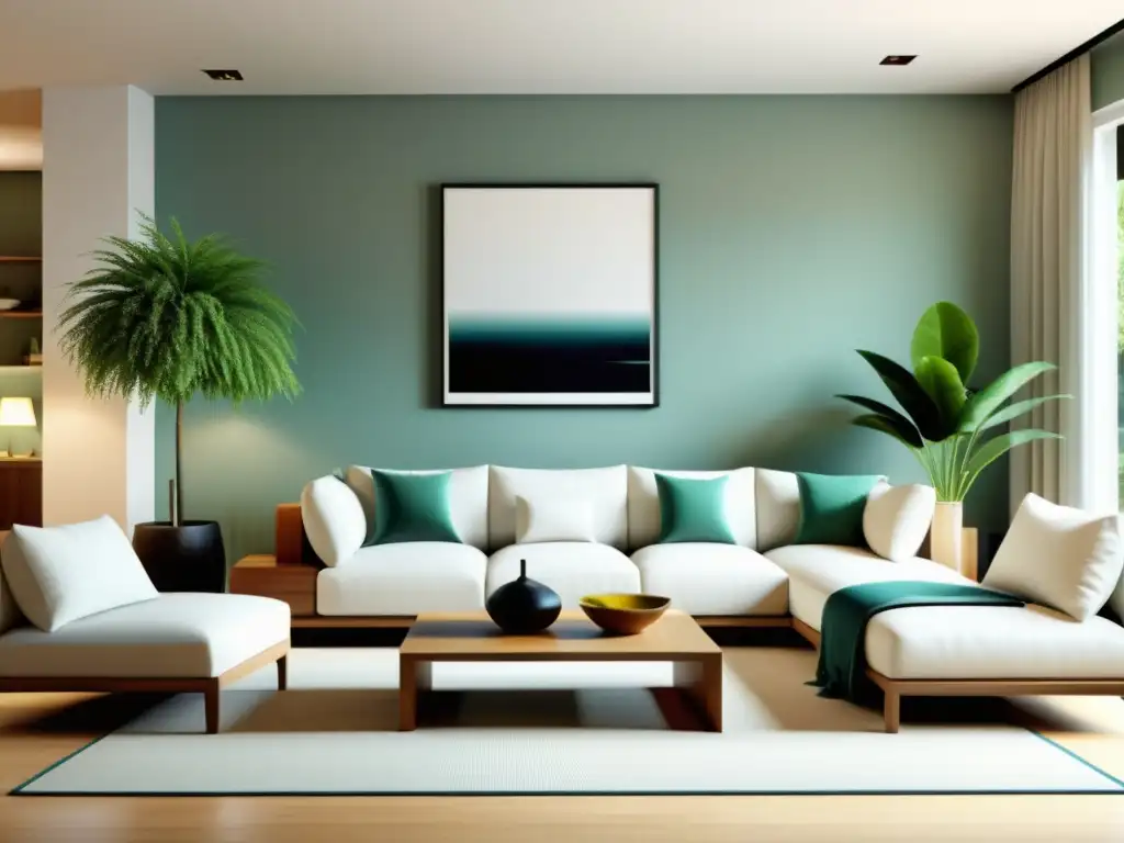 Un salón armonioso y tranquilo, inspirado en los secretos del Feng Shui para armonía, con muebles bien distribuidos y decoración equilibrada