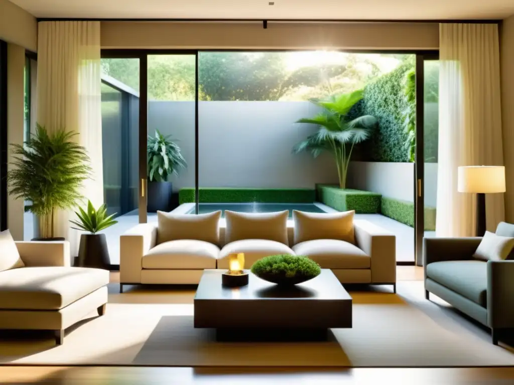 Serenidad natural: Sala minimalista con vistas al jardín Un salón armonioso con Feng Shui, ventanales al jardín y muebles de diseño minimalista en tonos terrosos