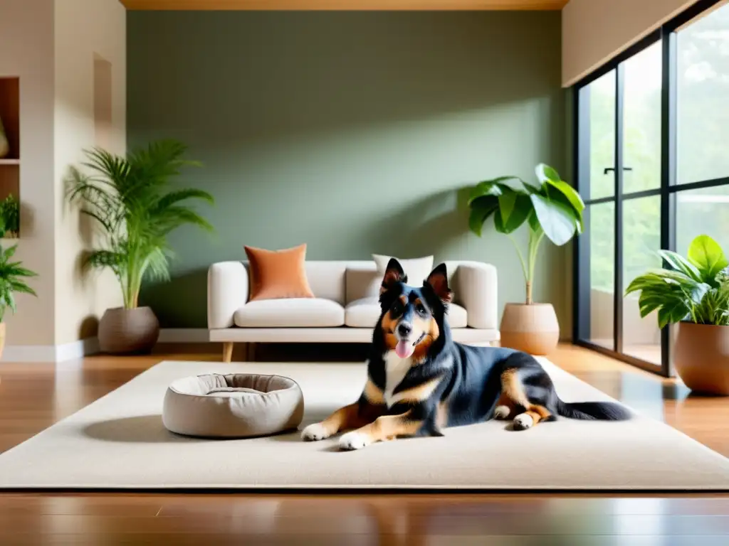 Un salón espacioso con diseño petfriendly y armonía Feng Shui, bañado en luz natural y tonos terrosos