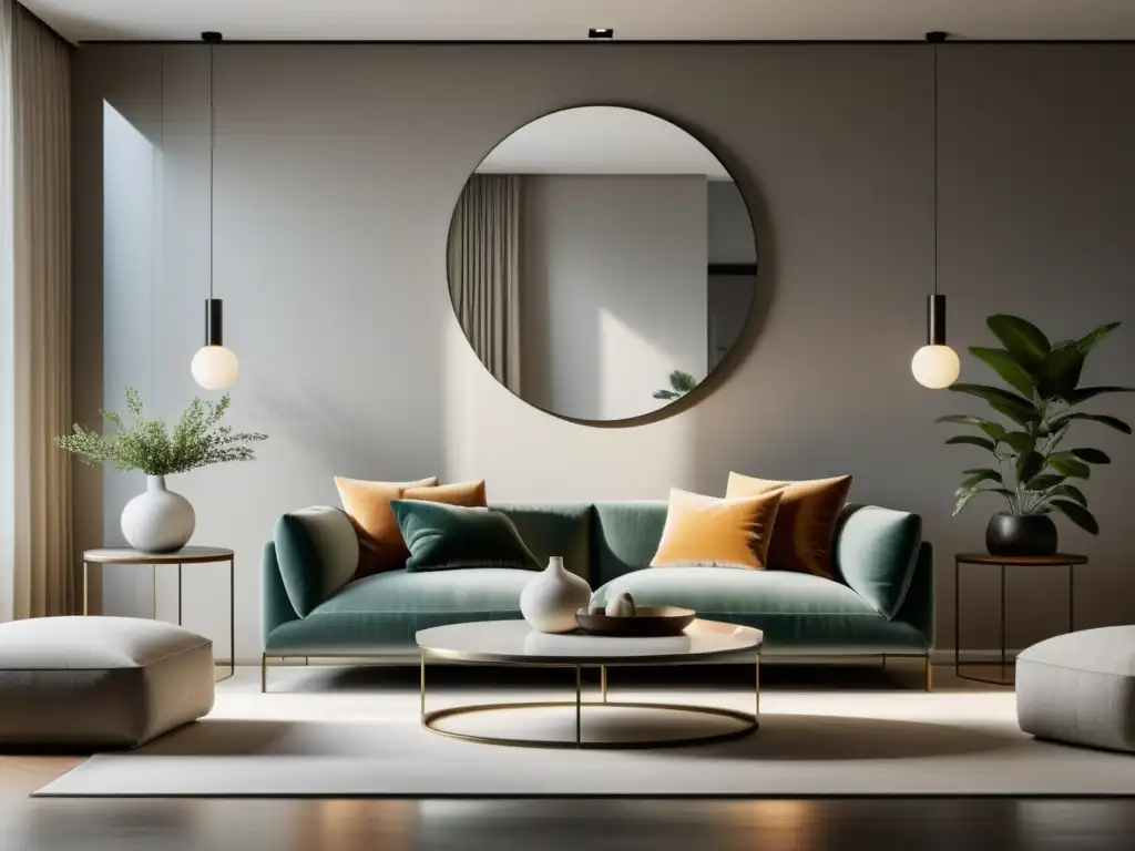 Un salón contemporáneo con espejo Feng Shui estratégicamente colocado, reflejando luz natural y creando amplitud y armonía