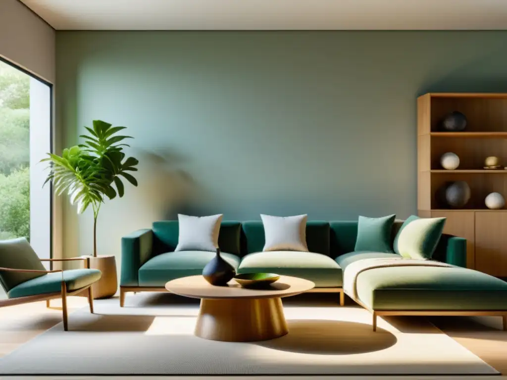 Un salón contemporáneo sereno con mobiliario cuidadosamente dispuesto, colores relajantes y elementos de Feng Shui estratégicamente ubicados