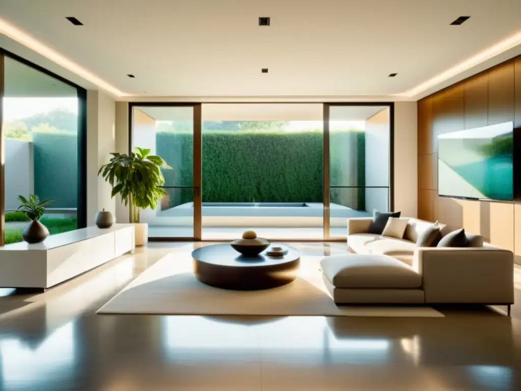 Salón espacioso con diseño minimalista y equilibrio Feng Shui, integrando tecnología de automatización del hogar