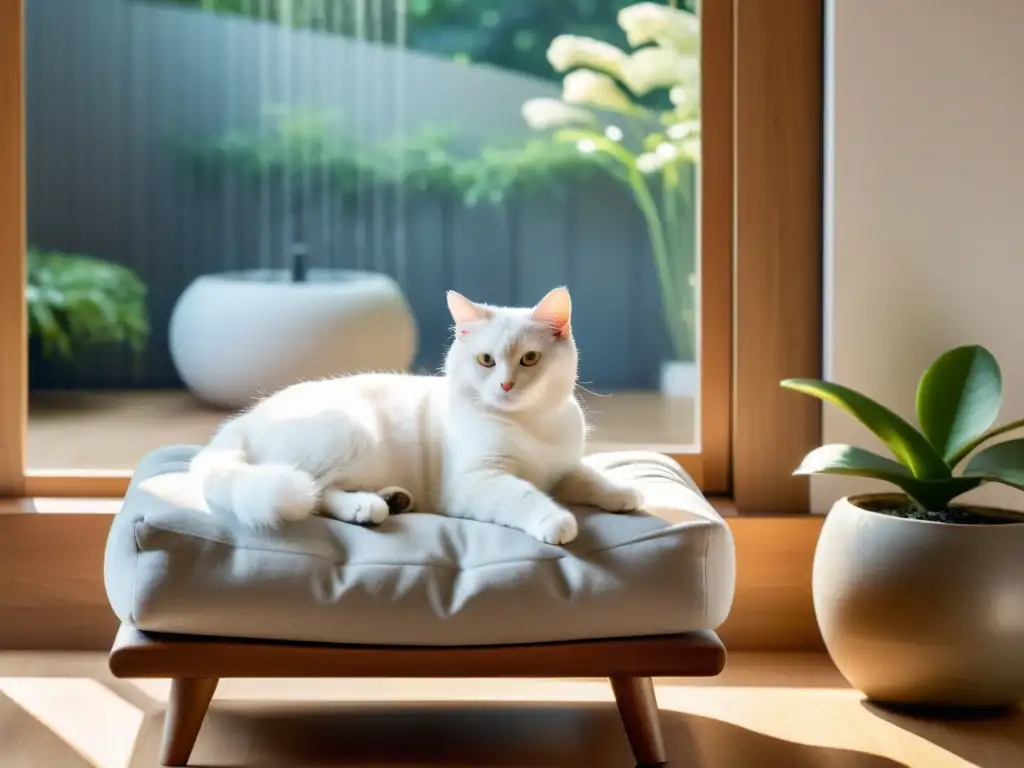 Un salón elegante con luz natural, una fuente tranquila y un gato blanco dormido