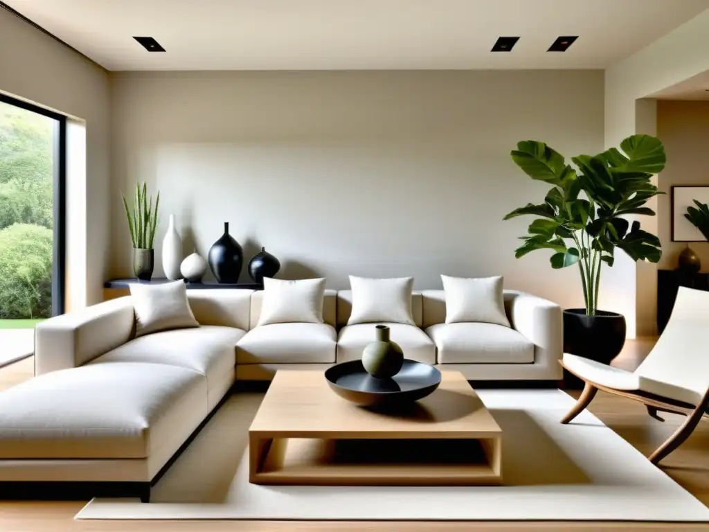 Un salón elegante con decoración minimalista que refleja la importancia del Feng Shui en decoración, equilibrio y armonía