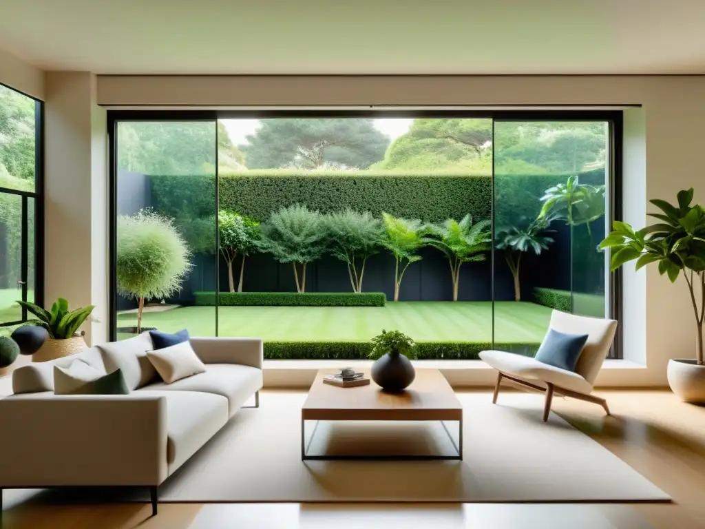 Salón elegante con vista a jardín tranquilo, muebles minimalistas y efectos de vigas y columnas feng shui